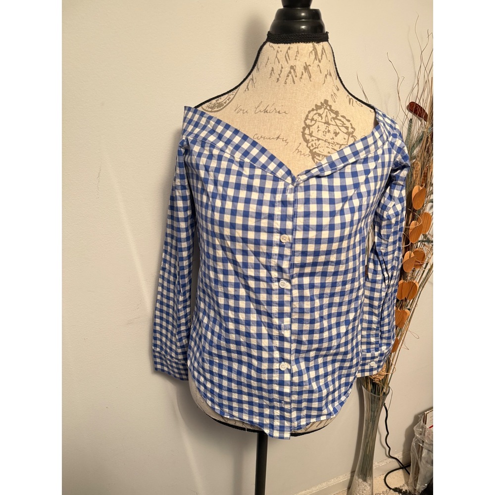Reformation Blue White Gingham Off The Shoulder Button Down Shirt Womens Small‎